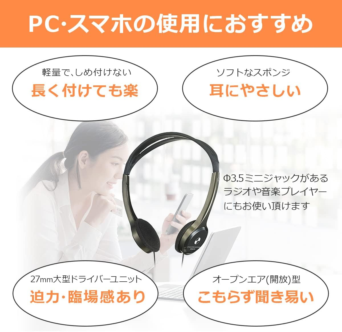 ELPA RD-NA12 Light over Headphones, Wired Headphones, 20-20, 000 Hz, Approx. 4.7 Ft (1.2 M) image number 4