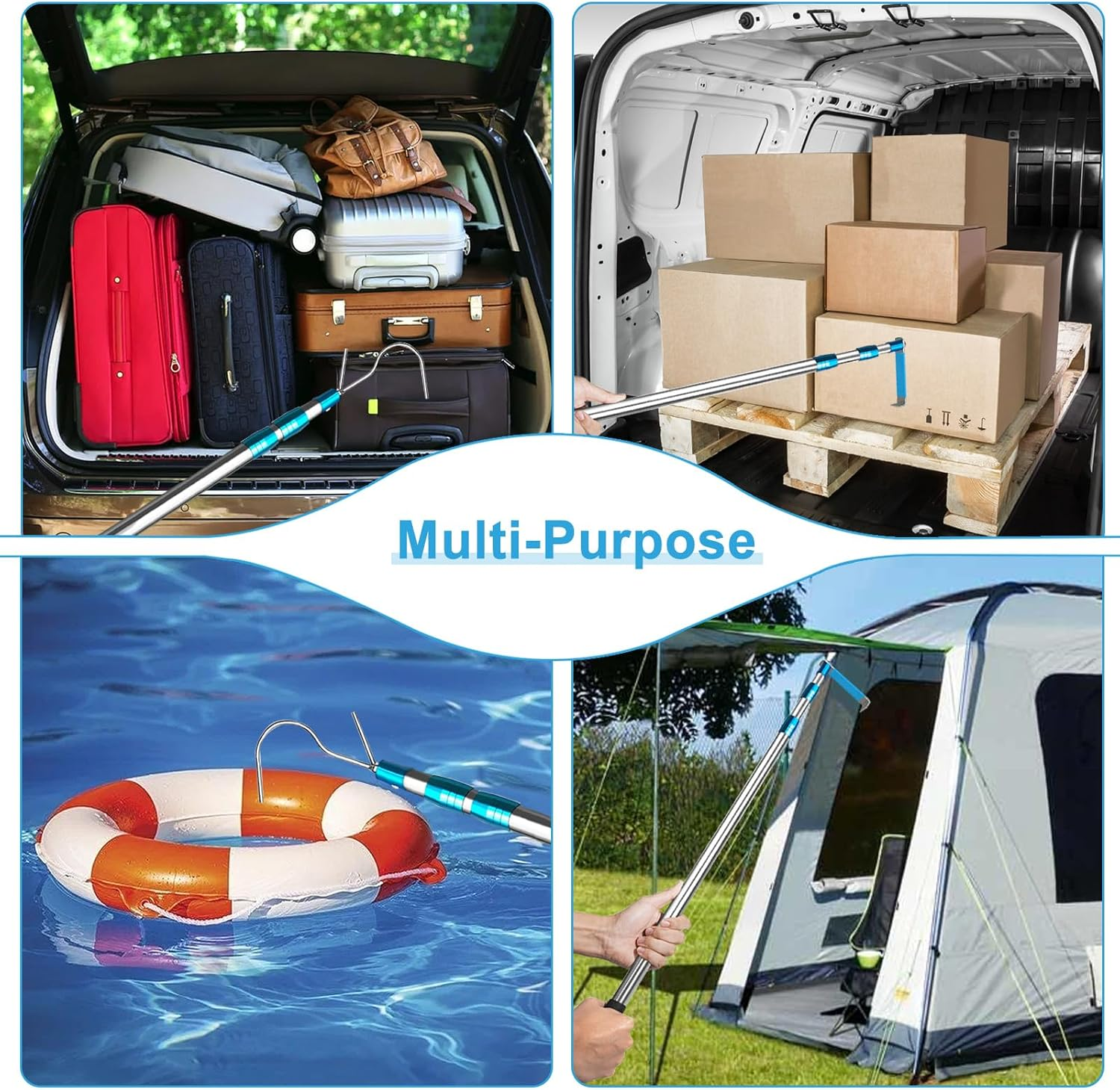 Rtshuok 6.3 Ft Truck Cargo Grabber Bed Reach Tool, Expandable Heavy Duty Stainless Steel Truck Telescoping Pull Pole with Two Hooks for Pickuptruck SUV Boat Accessories - Blue image number 6