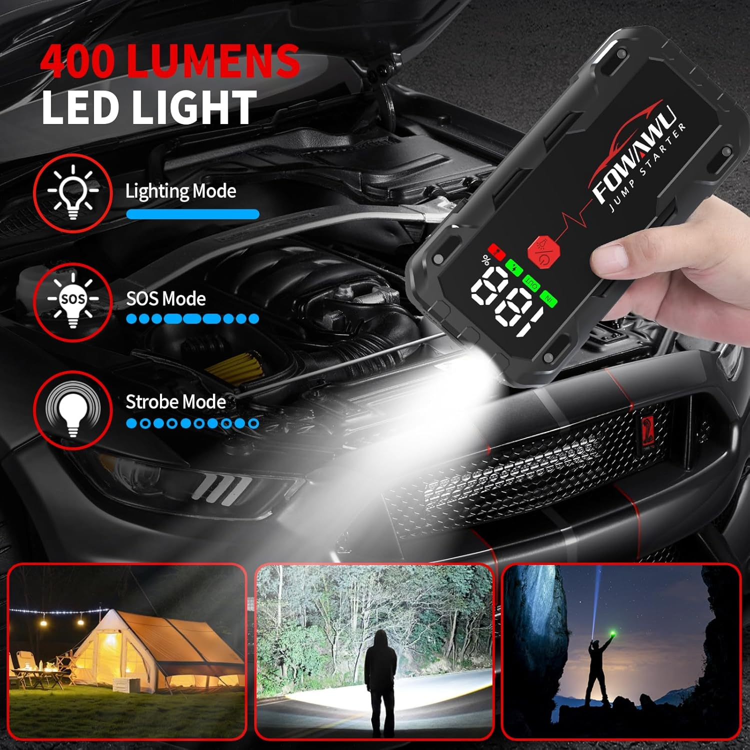 FOWAWU 26800 Mah 7000 a Peak Jump Starter for 12 V Vehicles (12 L Petrol / 10 L Diesel) and Moto, Car Battery Jump Starter Power Pack with Smart Jumper, 5 * 3.5 CM Large Screen and LED Torch - 4000A image number 4