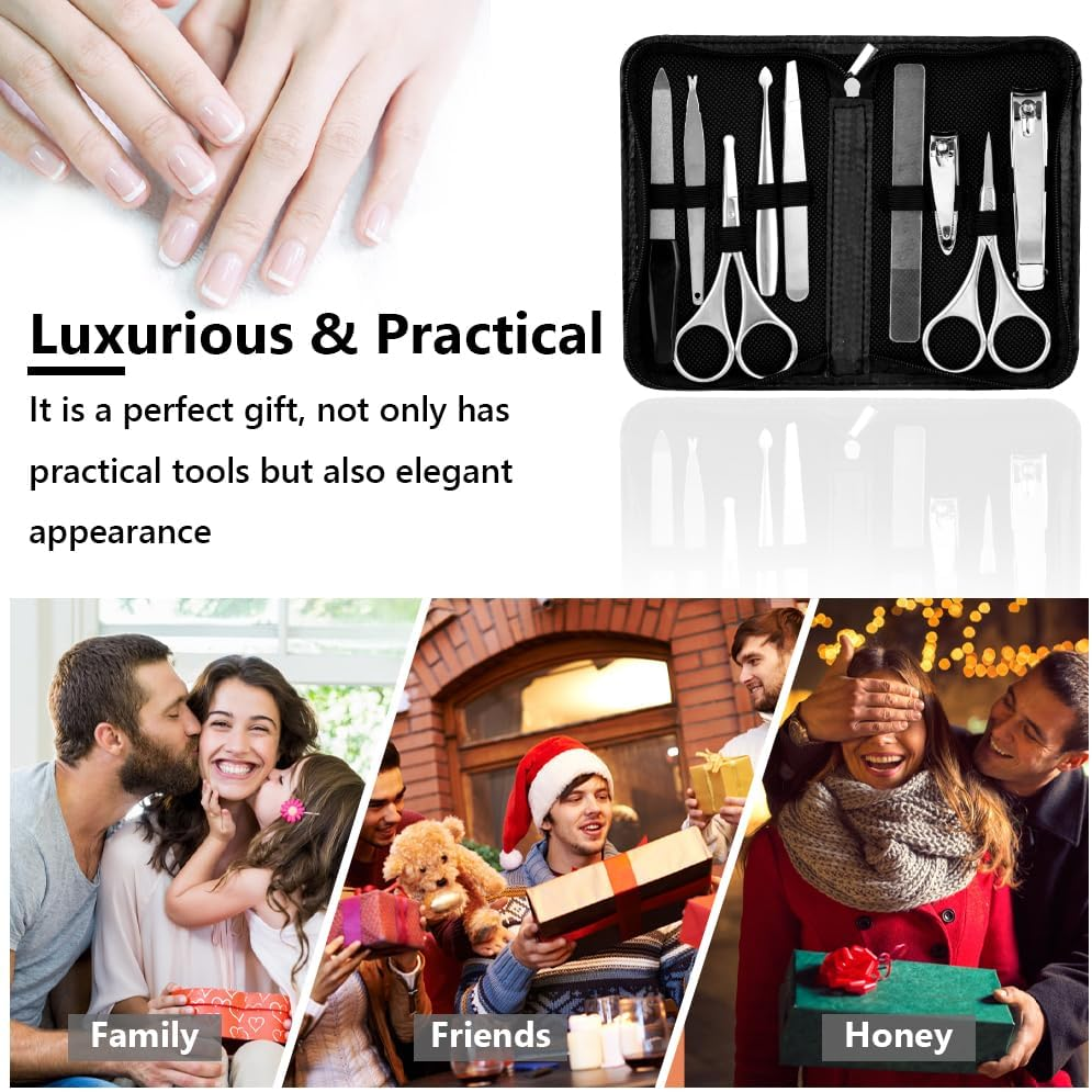 AYBUY Manicure Set, 9Pcs Nail Clippers Pedicure Kit, Portable Nail Trimming Set,Stainless Steel Grooming Tools with Fine Leather Case, Professional Tools Gift for Men Women Friends and Parents image number 1