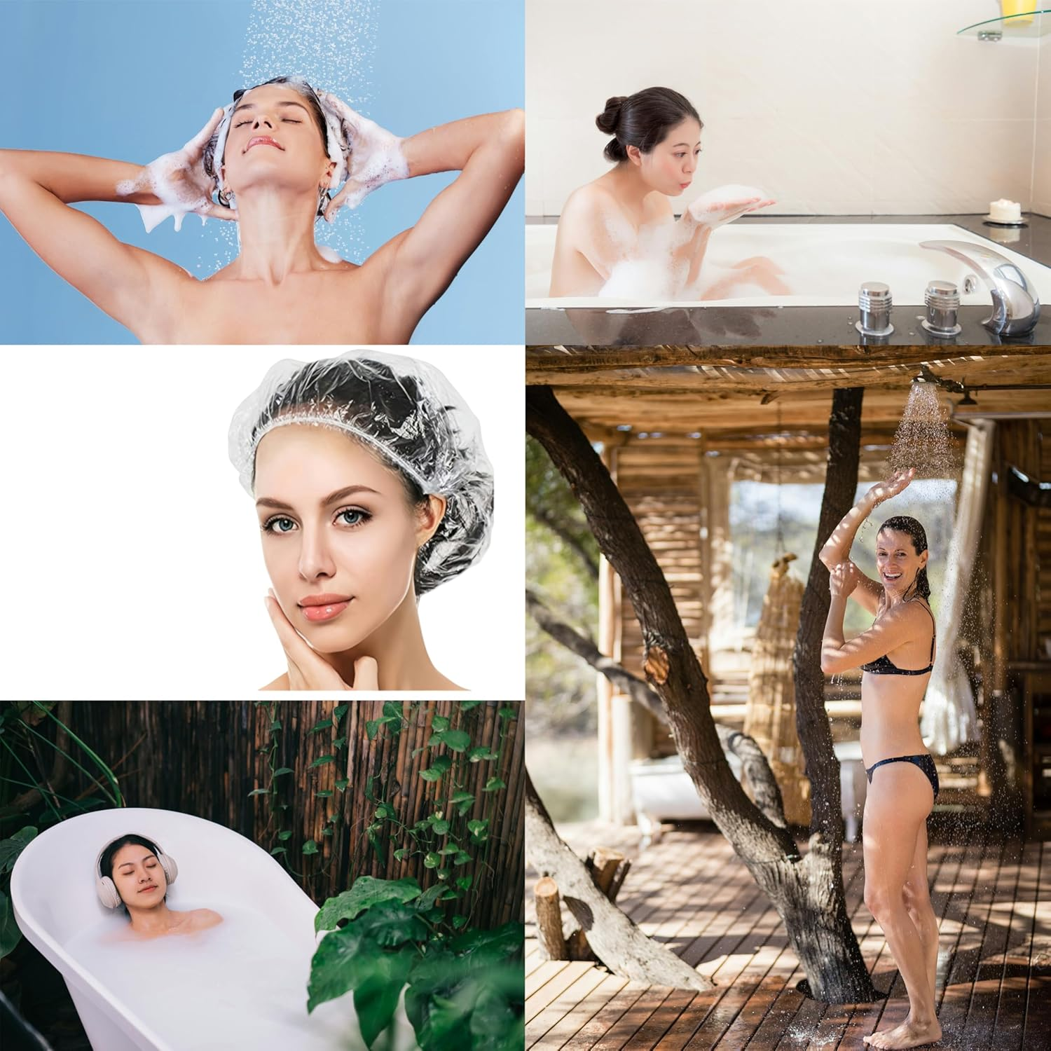 50 PCS Disposable Shower Caps,Large Thick Clear Waterproof Plastic Hair Covers for Women & Kids,Elastic Travel Spa Bath Caps for Hotel, Home, Salon Use (50 White) image number 3