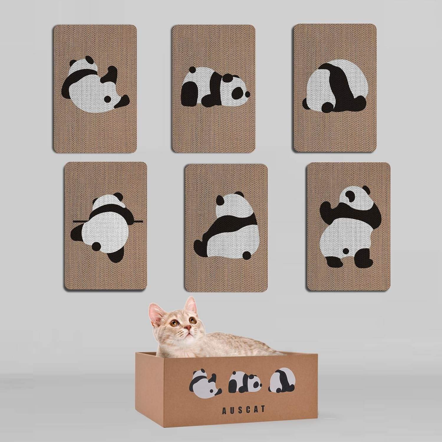 AUSCAT Cardboard Cat Wall Scratcher, 7 Cat Scratching Boards with Box, Wall Mounted Cat Scratching Pads for Indoor Cats, Furniture Protector, 14.5" X 9.3", Panda Pattern image number 3
