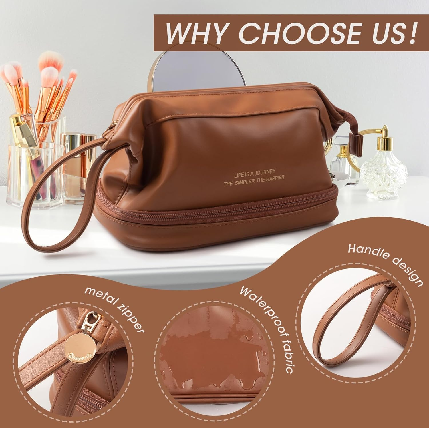 IKEEP Women'S Travel Makeup Bag - Premium PU Large Capacity Toiletry Organizer with Multiple Compartments, Portable Water-Resistant Cosmetic Bag (Brown) image number 5