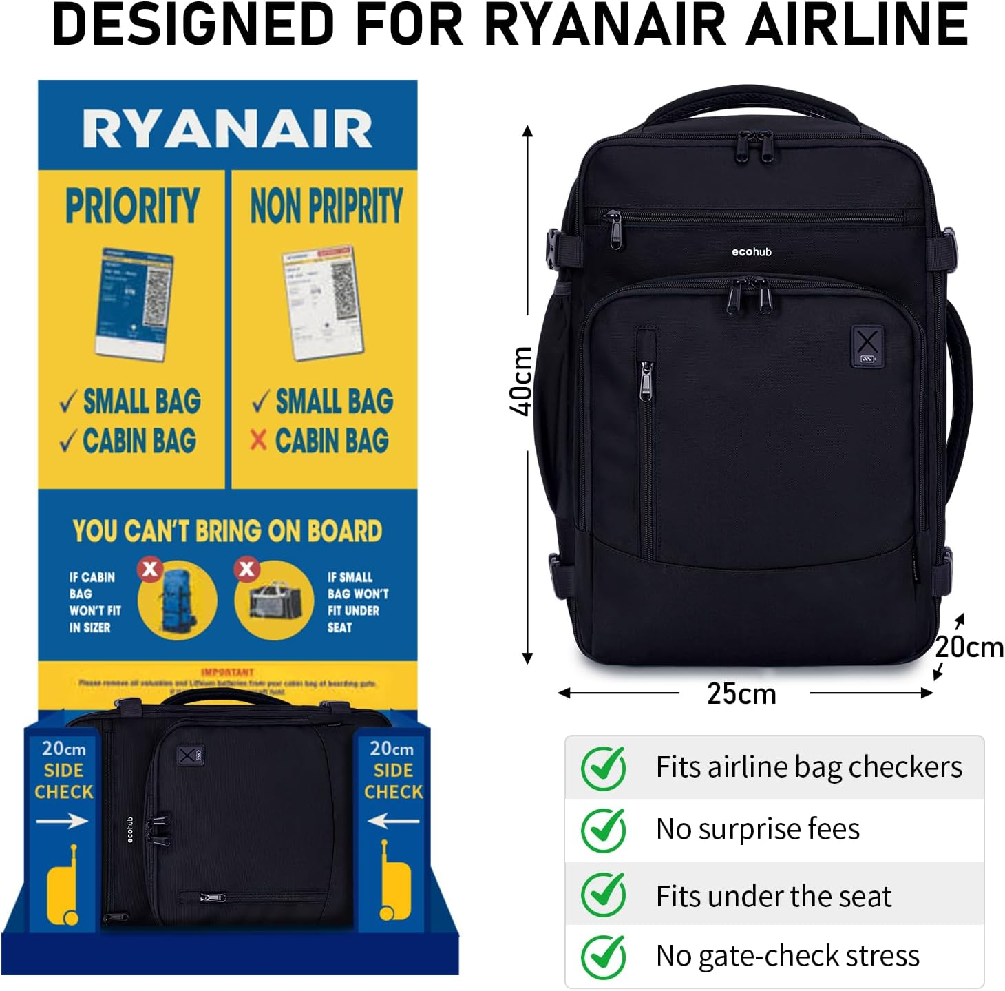 ECOHUB Ryanair Cabin Bag 40X20X25 Underseat Travel Bag 13 Pockets Hand Luggage Backpack Recycled PET Eco Friendly Rucksack for Women & Men Carry on Bag with USB Port, 20L - Dark Blue image number 6