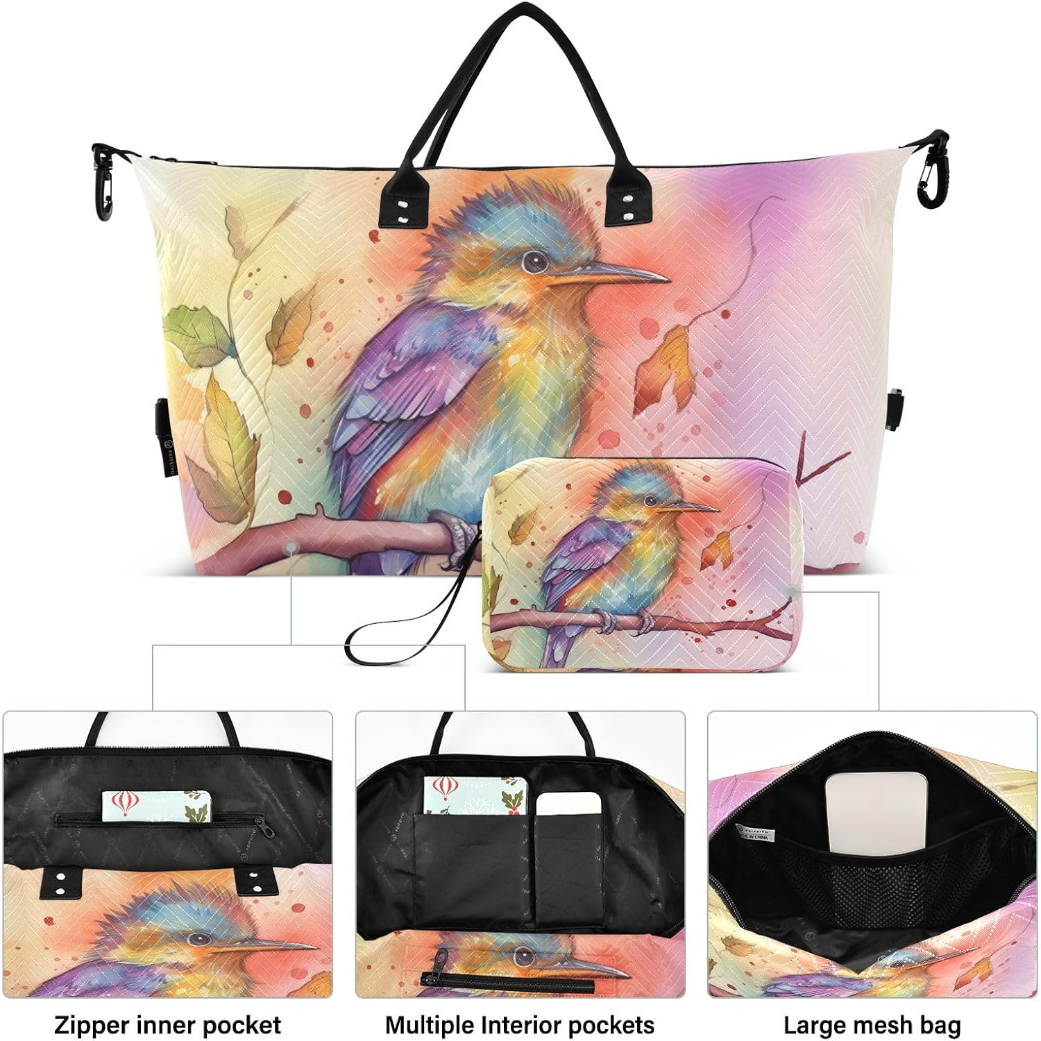 XYMZR Large Travel Duffel Bag, Branch Colorful Humming Sport Tote Gym Bag, Shoulder Weekender Overnight Bag for Women Men, Carry on Luggage with Toiletry Bag, Multi-Colored image number 6