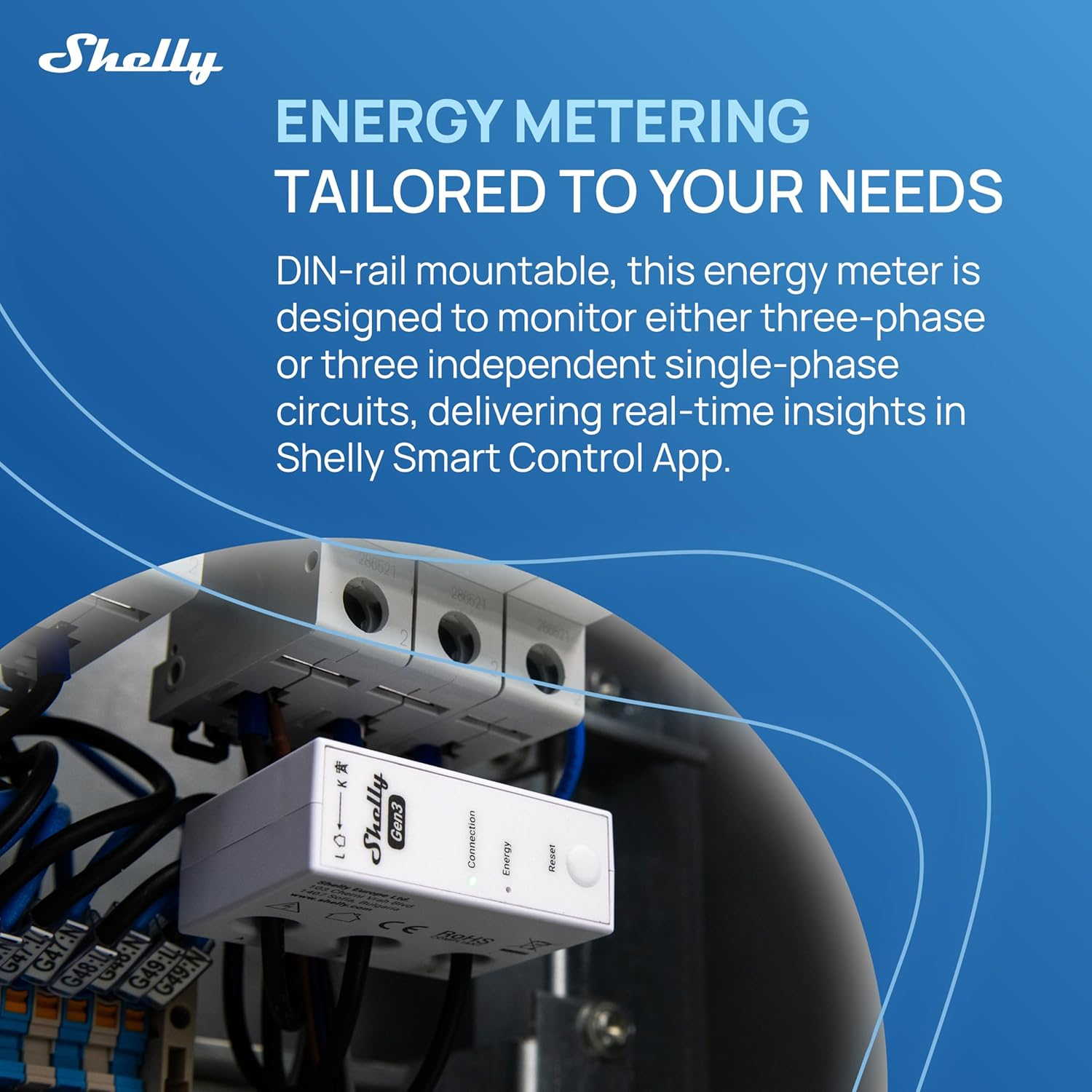 Shelly 3EM-63W Gen3, Wifi Energy Meter for Three or Single Phase Systems, Real Time Four Quadrant Measurement, No Load Threshold, Photovoltaic Compatible, No Hub Required