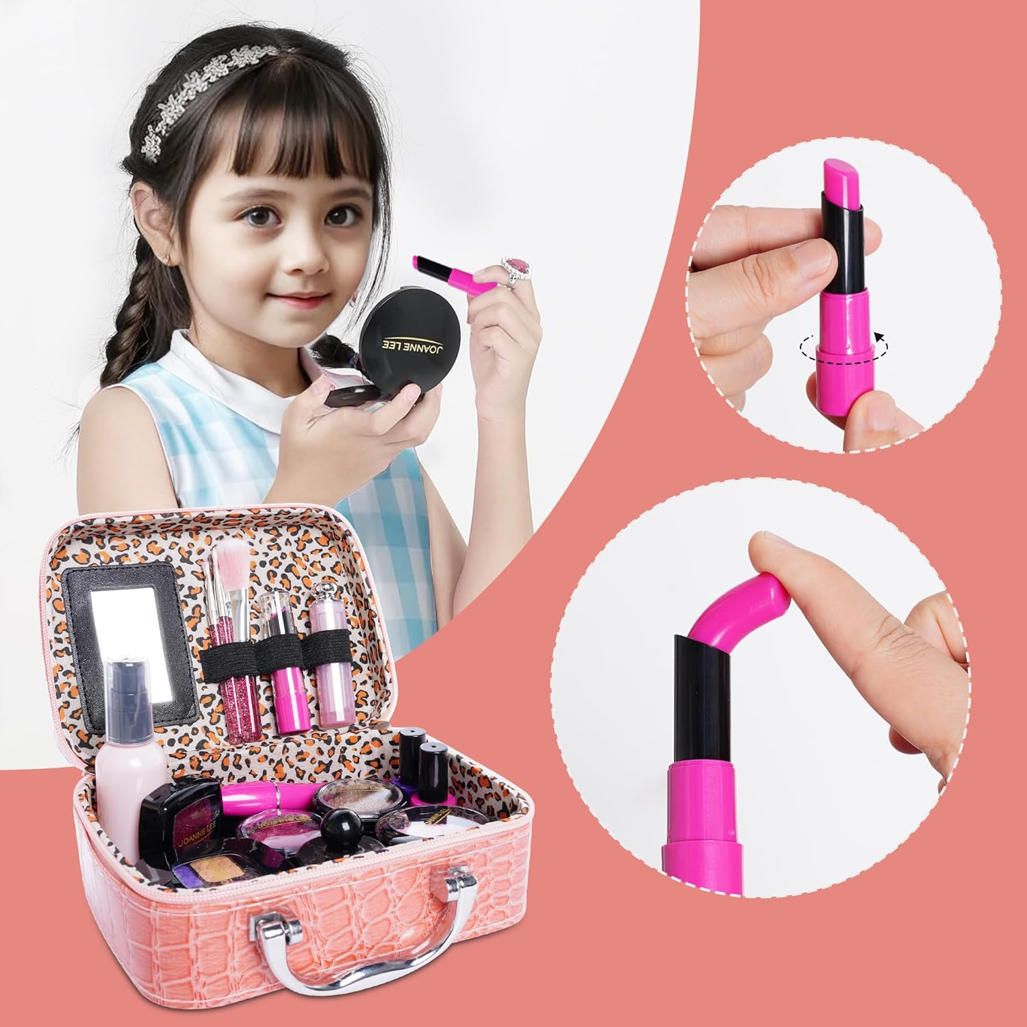 Pretend Makeup Kit for Girls Kids Pretend Play Makeup Set with Exquisite Leather Bag and Gift Box for Birthday Christmas Age 3+ (Not Real Makeup) (21Pcs Pink Kit) image number 5