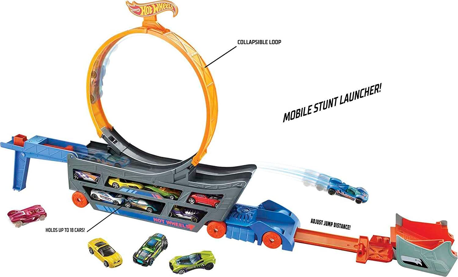Hot Wheels Transporter Truck Mobile Playset Large Loop Collapsible Launcher Room for 18 Die-Cast 1:16 Vehicles Ages 3 and Up