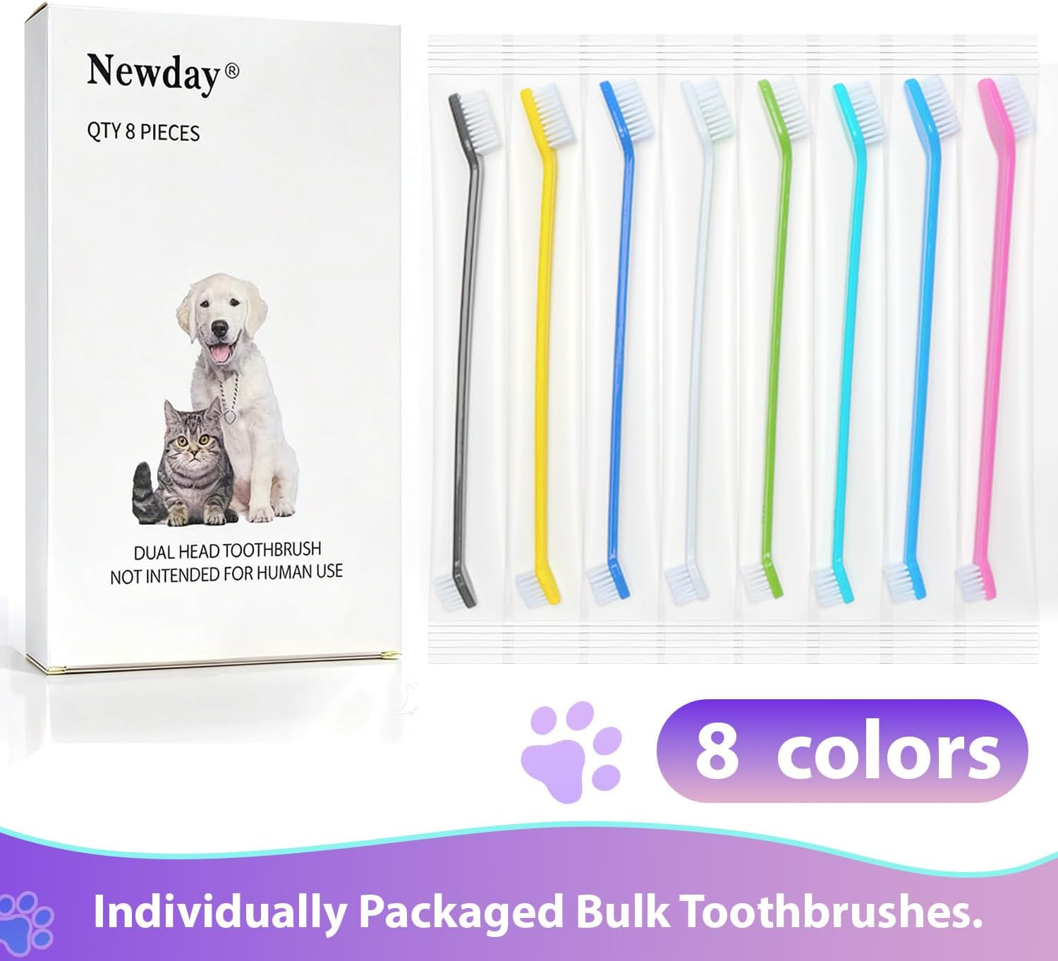 Newday Dog Toothbrush Set of 8 - Dual Headed, Dental Hygiene Convenient Soft Toothbrush to Clean Pet Teeth, Dog Tooth Brushes for Small to Large Dogs, Cats, and Most Pets, Teeth Brush in Bulk