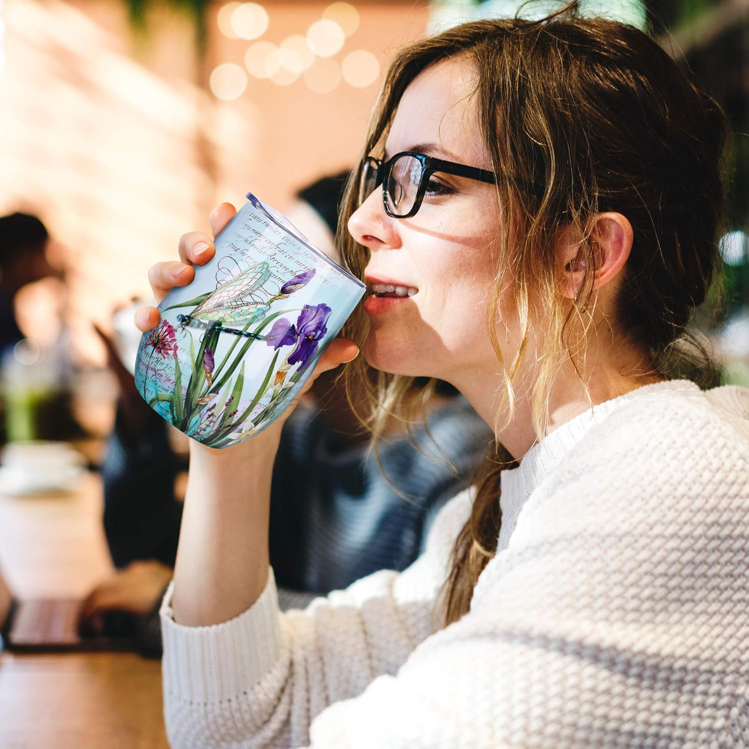 Nymphfable 12Oz Stainless Steel Wine Tumbler with Straw and Lid Dragonflies Insulated Wine Glass Double Wall - Multi-Pineapple image number 7