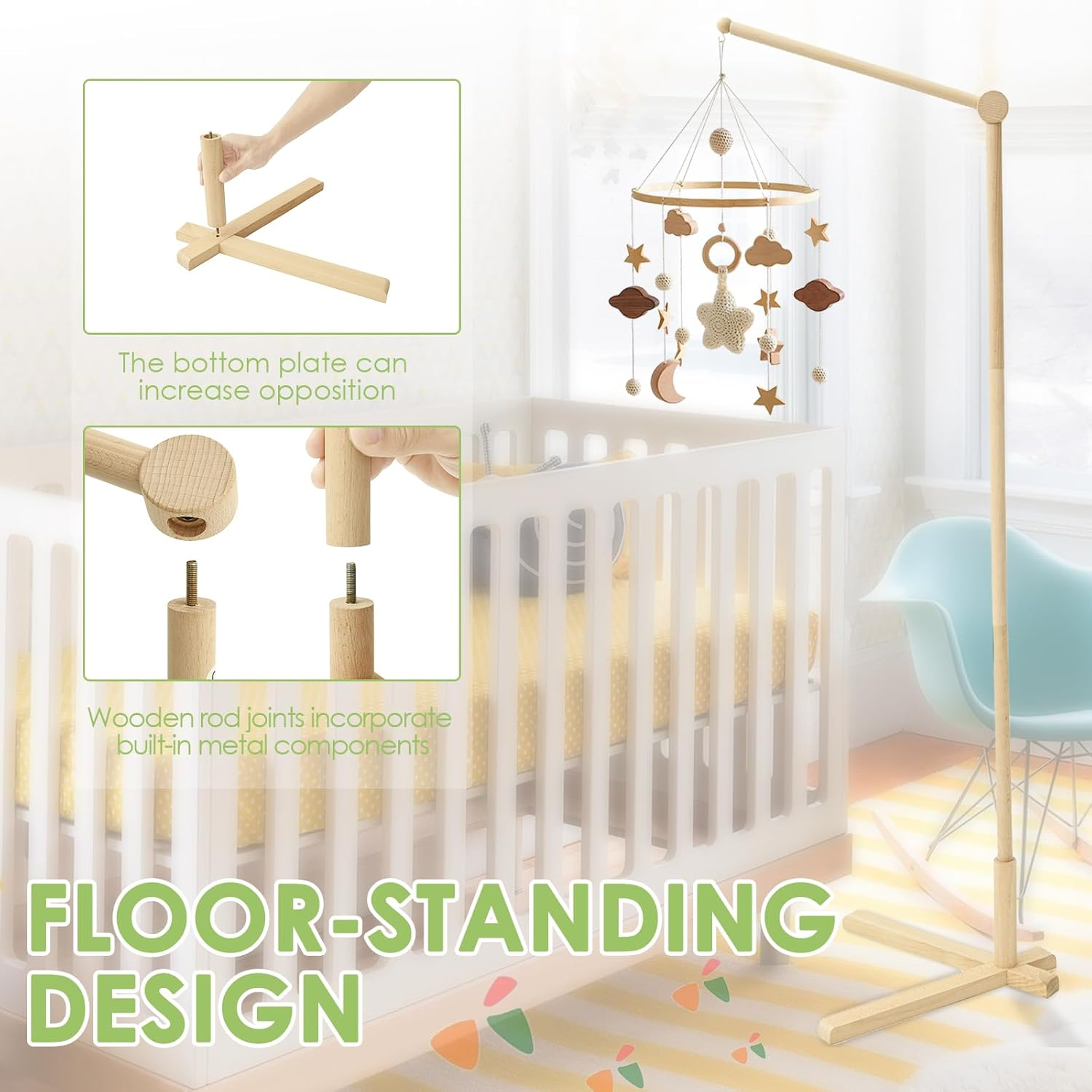 Wooden Floor Standing Baby Mobile Holder, 153.5Cm Adjustable Arm for Crib, Mobile Hanger Stand for Nursery, No Drill Needed, Safe Baby Bed Toy & Decor for Newborns image number 5