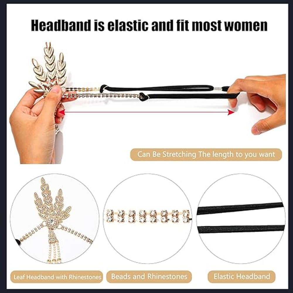 Wzenclave 1920S Gatsby Accessories Set for Women Flapper Costume 5PCS Roaring 20S Flapper Headband Pearl Necklace Gloves Plastic Holder Costume Harlem Nights Accessories Set for Women image number 6
