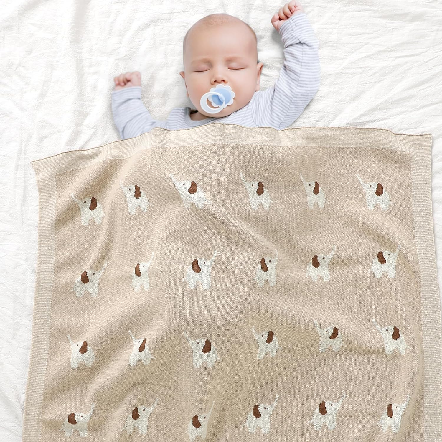 Hadetoto 100% Cotton Baby Blanket Knit Soft Cozy Swaddle Receiving Blankets Toddler Infant Blanket with Lovely Elephant for Newborn Boy Girls - Camel, 90 X 70Cm image number 3