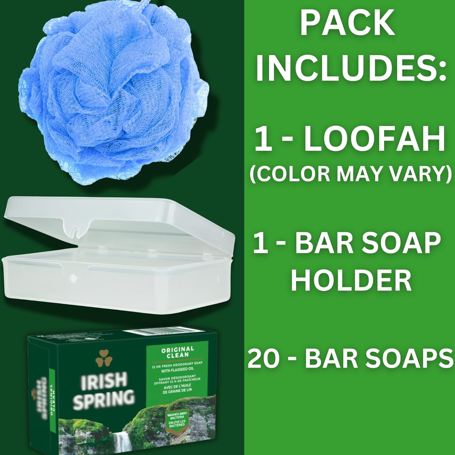 HOME IMPACT Irish Spring Bar Soap (20 PACK) Value Pack - W/Bar Soap Holder & Loofah - Large 4 OZ Soap Bars, Original Clean Body Soap, Mens Bar Soap W/Soap Bar Holder & Loofah Sponge