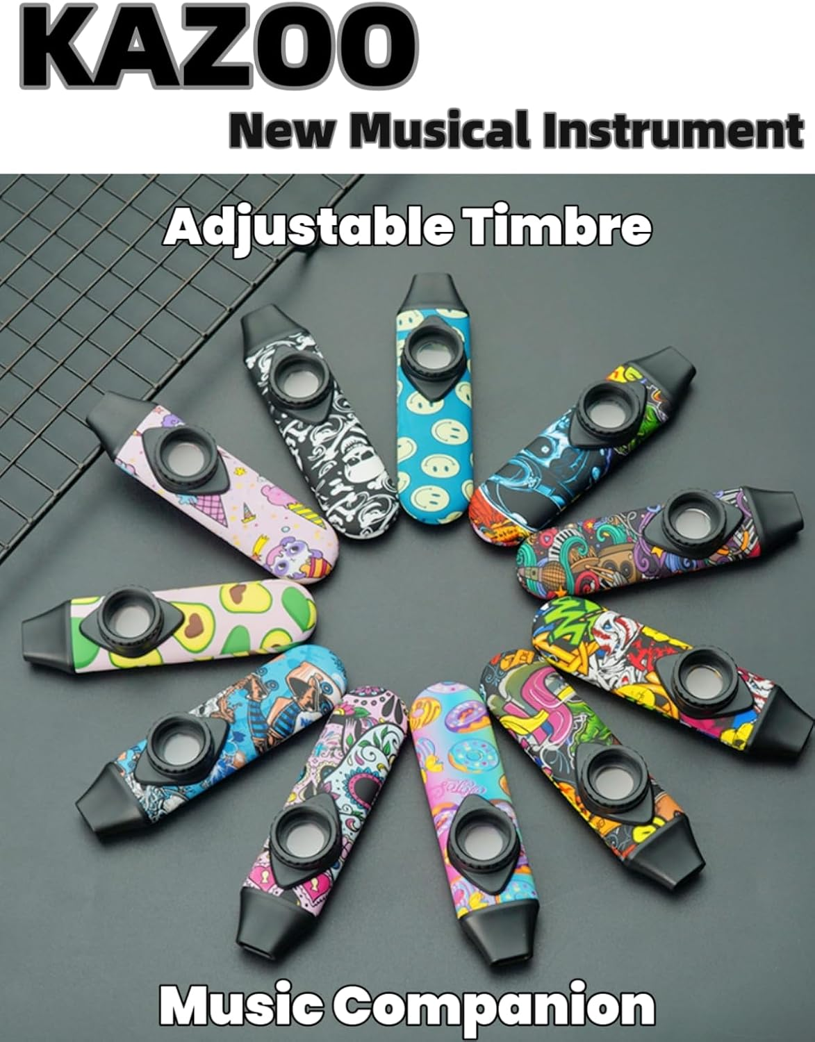 Kazoo Wind Instrument Professional ABS Resin Kazoo Adjustable Tone Play Alone or Various Musical Instruments with 5 Flute Diaphragms and Sling Suitable for Children Adults Music Enthusiasts (Graffiti) image number 2