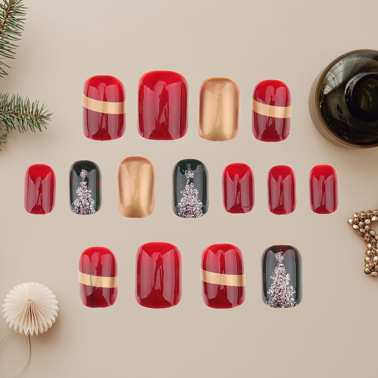 24Pcs Christmas Press on Nails Red French Oval Fake Nails Half Matte Manicure Nail Art Decoration DIY Holiday Party for Women Girls image number 5