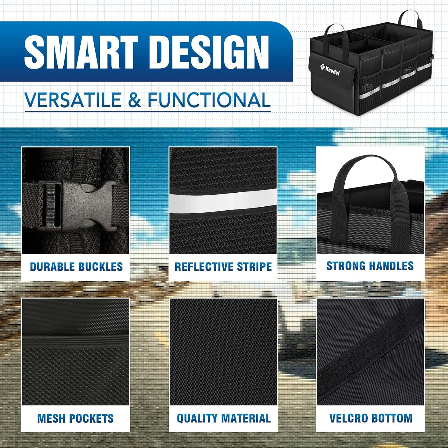 K KNODEL Car Boot Organiser with Foldable Cover, Car Boot Organiser Storage, Large Boot Tidy for Car, Car Boot Storage Box and Bag, Car Trunk Organiser for Small Car and Suv, (2C, Black) image number 1