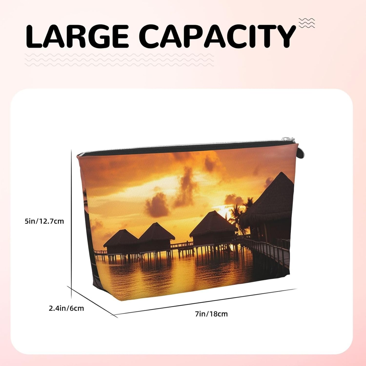 SDTYKHJ Large Capacity Makeup Bag for Women, Waterproof Portable Shaving Bag, Small Toiletry Bag, Tahiti Resort Sunset Leather, Travel Cosmetic Organizer Bags, Siliver, One Size image number 6