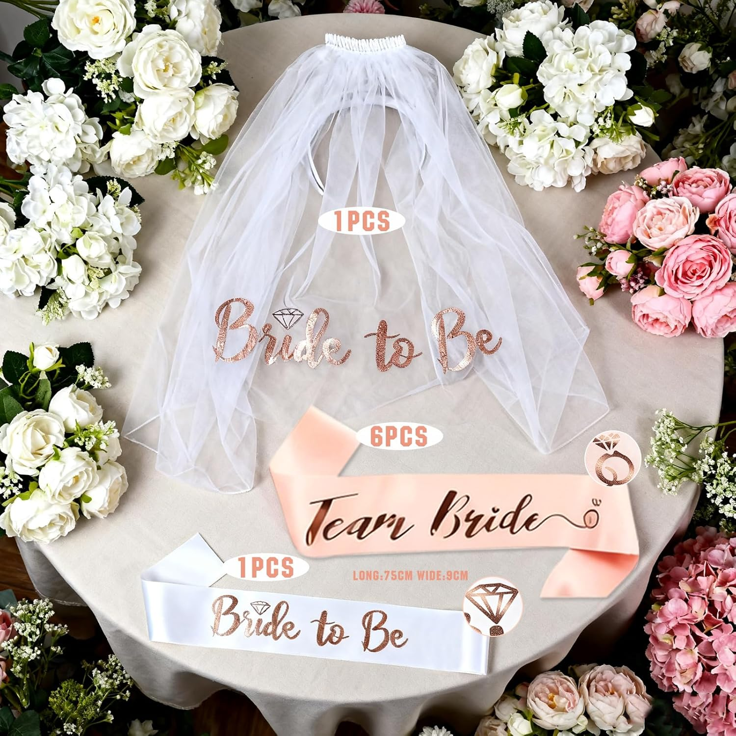 Bride to Be Sash and Veil Set - 1 White Bride to Be Sash, 1 Bride to Be Veil and 6 Team Bride Sashes, for Bridal Shower Decorations, Hens Party Decorations, Bridal Showers, and Hens Parties image number 2