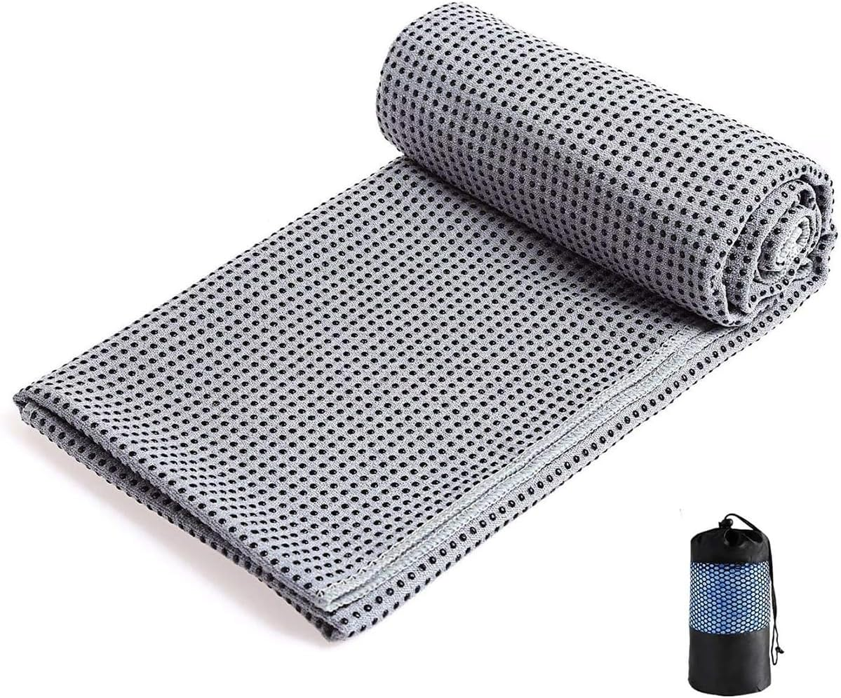AIMALL Non-Slip Yoga Mat Towel 72X25.6In Microfiber Sweat-Absorbent Exercise Mat Cover with PVC Grip Dots for Hot Yoga Pilates Fitness with Mesh Bag &ndash; Grey Pink Purple