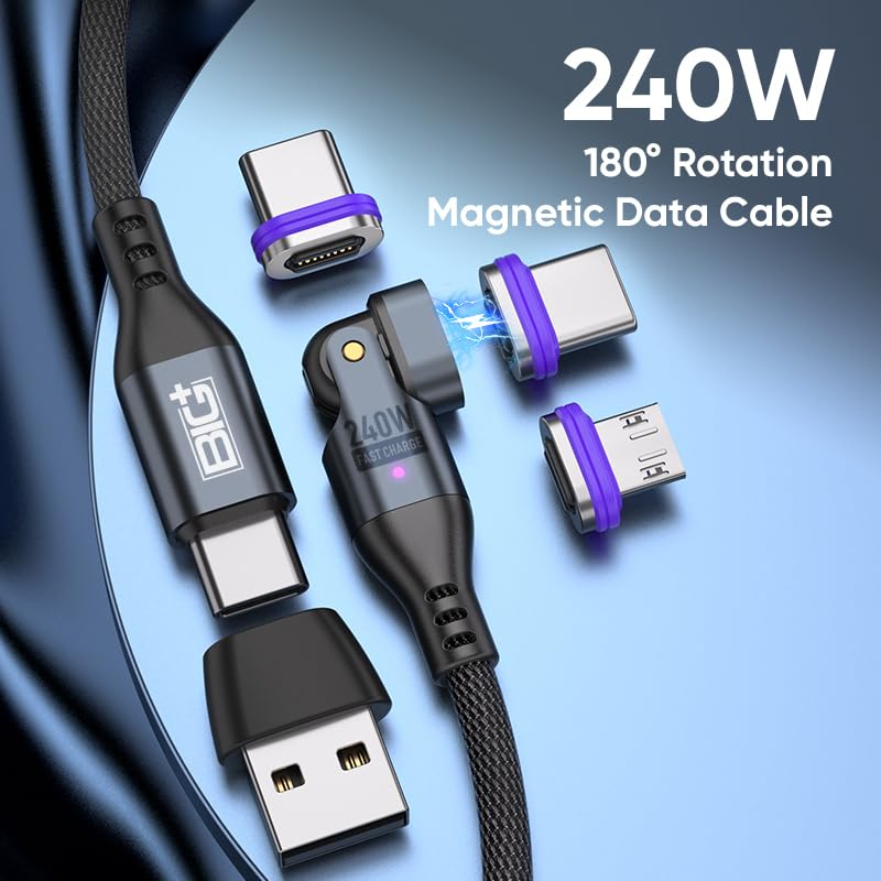 BIG+ 240W Magnetic Charging Cable 2 Pack - 1.8M/1M 180 Rotating USB C/Micro USB Charging Cable, 6-In-1 Super Fast Charging for Type C, Iproducts, Mobiles, Laptops - Magnetic Phone Charger image number 1
