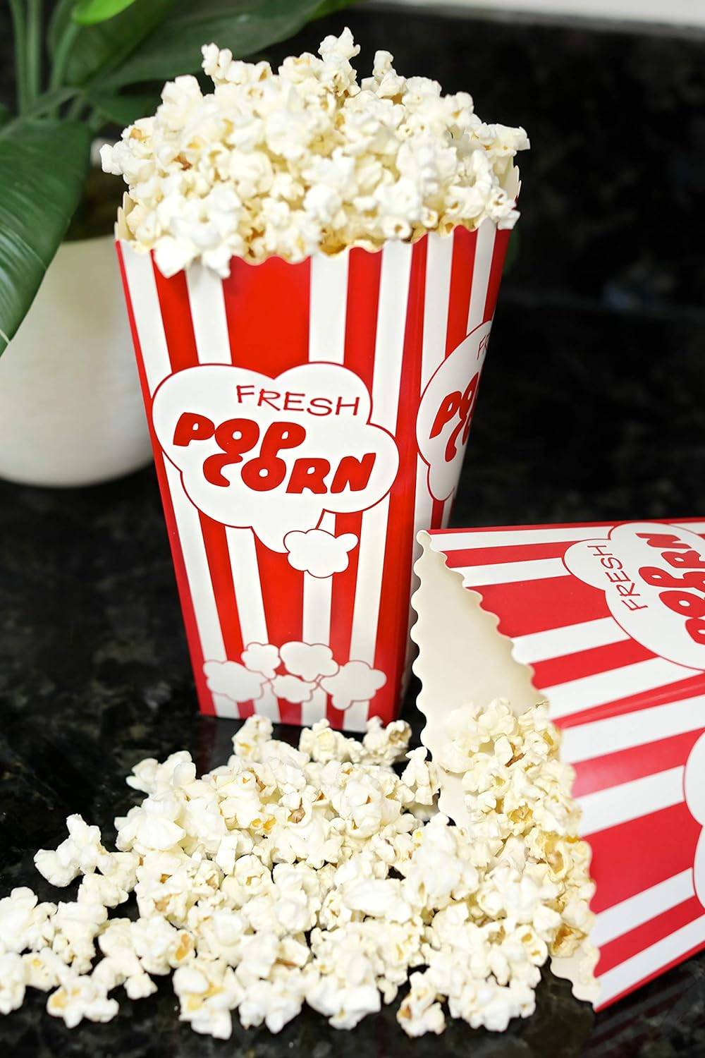 30 Movie Night Popcorn Paper Boxes Buckets 7.75 Inches Tall Large & Holds 46 Oz Old Fashion Vintage Retro Party Design Red & White Colored Nostalgic Carnival Stripes Bags & Tubs [Various Qty Avail] image number 3