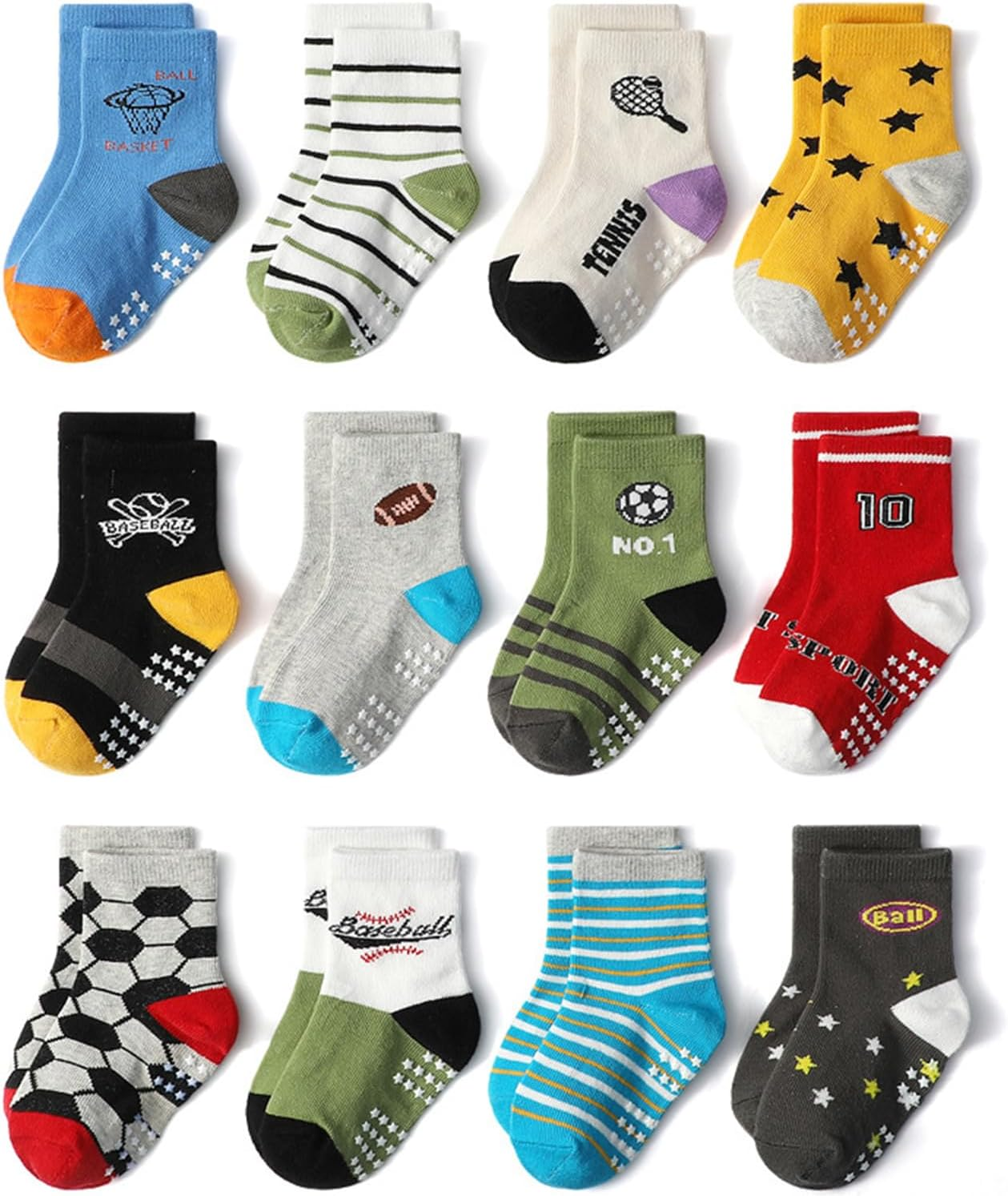 12 Pack Baby Non Slip Socks, Toddlers Kids Soft Cotton Crew Socks with Grippers Non-Skid Ankle Socks for Boys Girls Infant image number 4