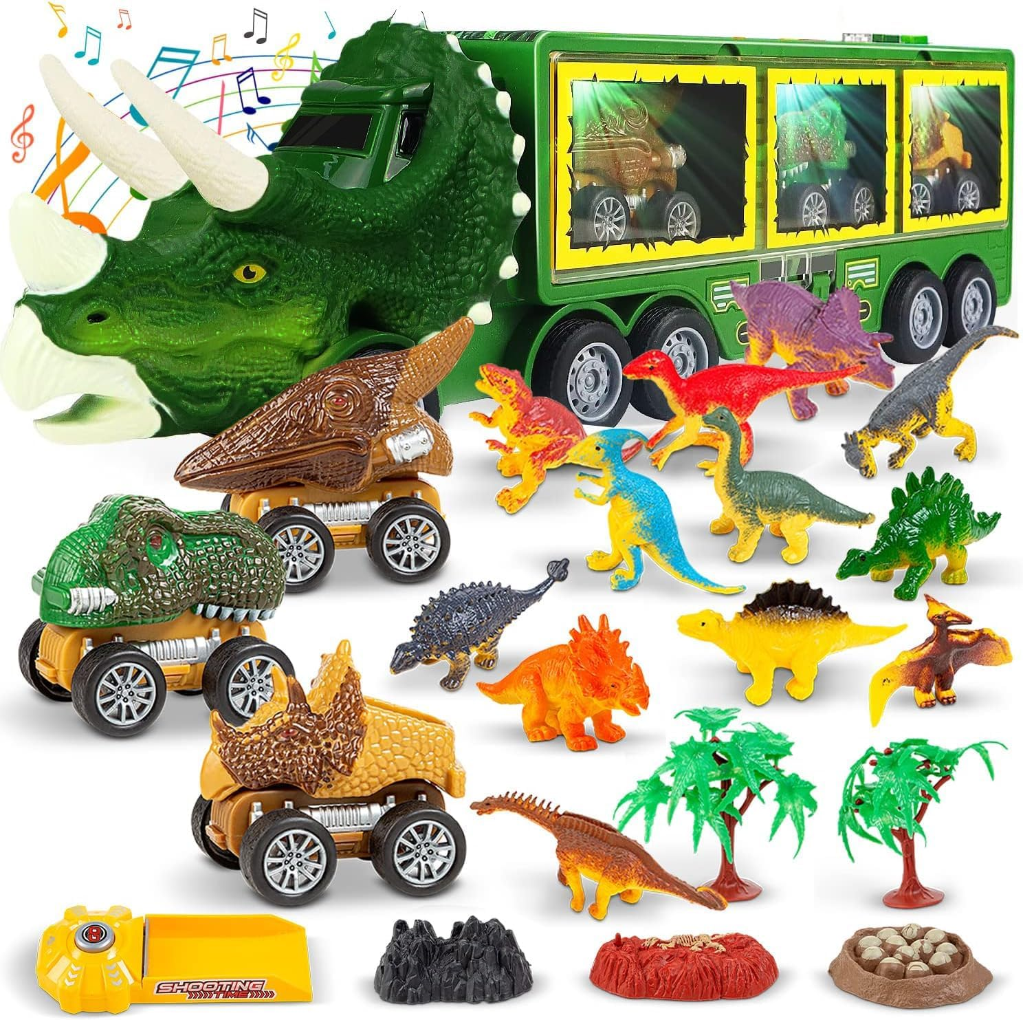 CKIKH Dinosaur Truck with 12 Small Dinosaurs and 3 Pull Back Cars Small Cars Set Birthday Toys for 3+ Year Old Boy Transport Carrier Truck for Toddlers over 3 Years (Green)