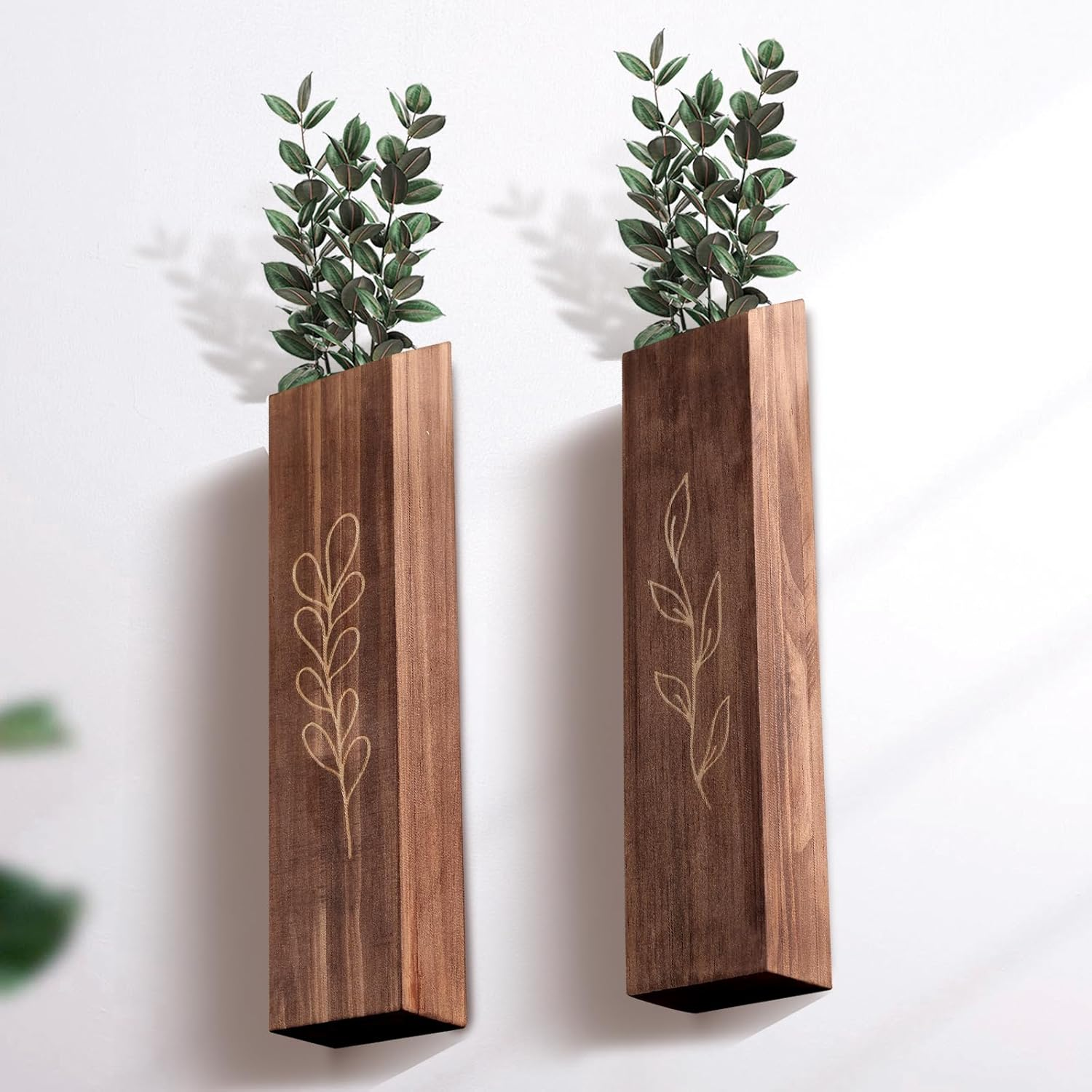 4 Pack Wood Indoor Wall Planter, Modern Boho Wall Decor for Living Room Bedroom, Farmhouse Pocket Vases for Dried Flowers and Faux Greenery Plants - Brown image number 2