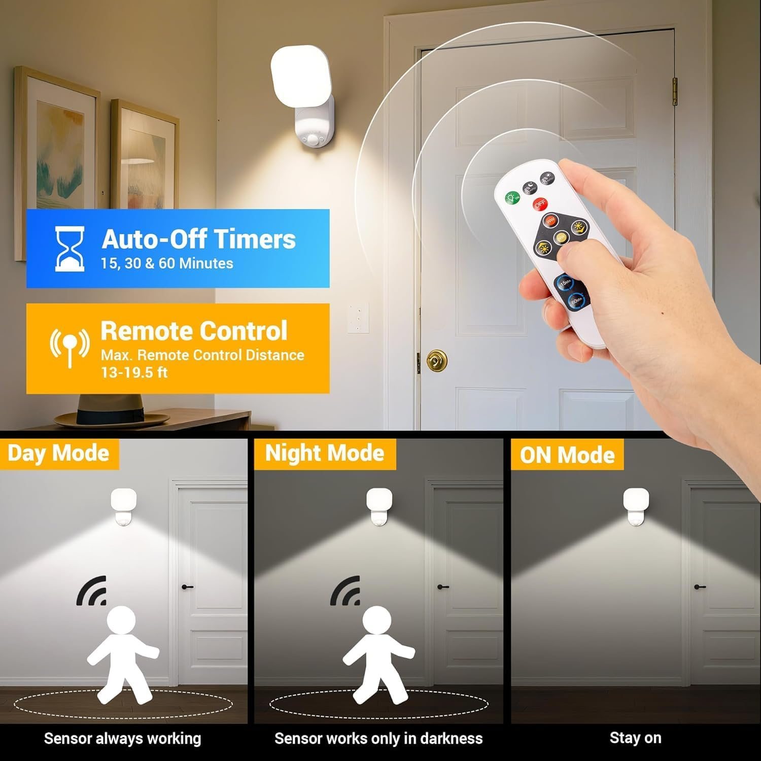 Motion Sensor Night Lights Indoor, Rechargeable Wall Lights Battery Operated with Remote, 3 Modes, 3 Color Temperatures, Magnetic Wireless Wall Sconces for Closet Porch Stairs Hallway Garage image number 5