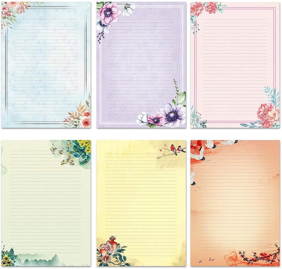 A4 Vintage Floral Stationery Paper (Lined) 48 Pieces and Self-Sealing Envelopes 24 PC Set, 100GSM Heavy Weight College Ruled Letter Writing Stationary, Printer Friendly, Color Both Sides, Watercolor image number 1