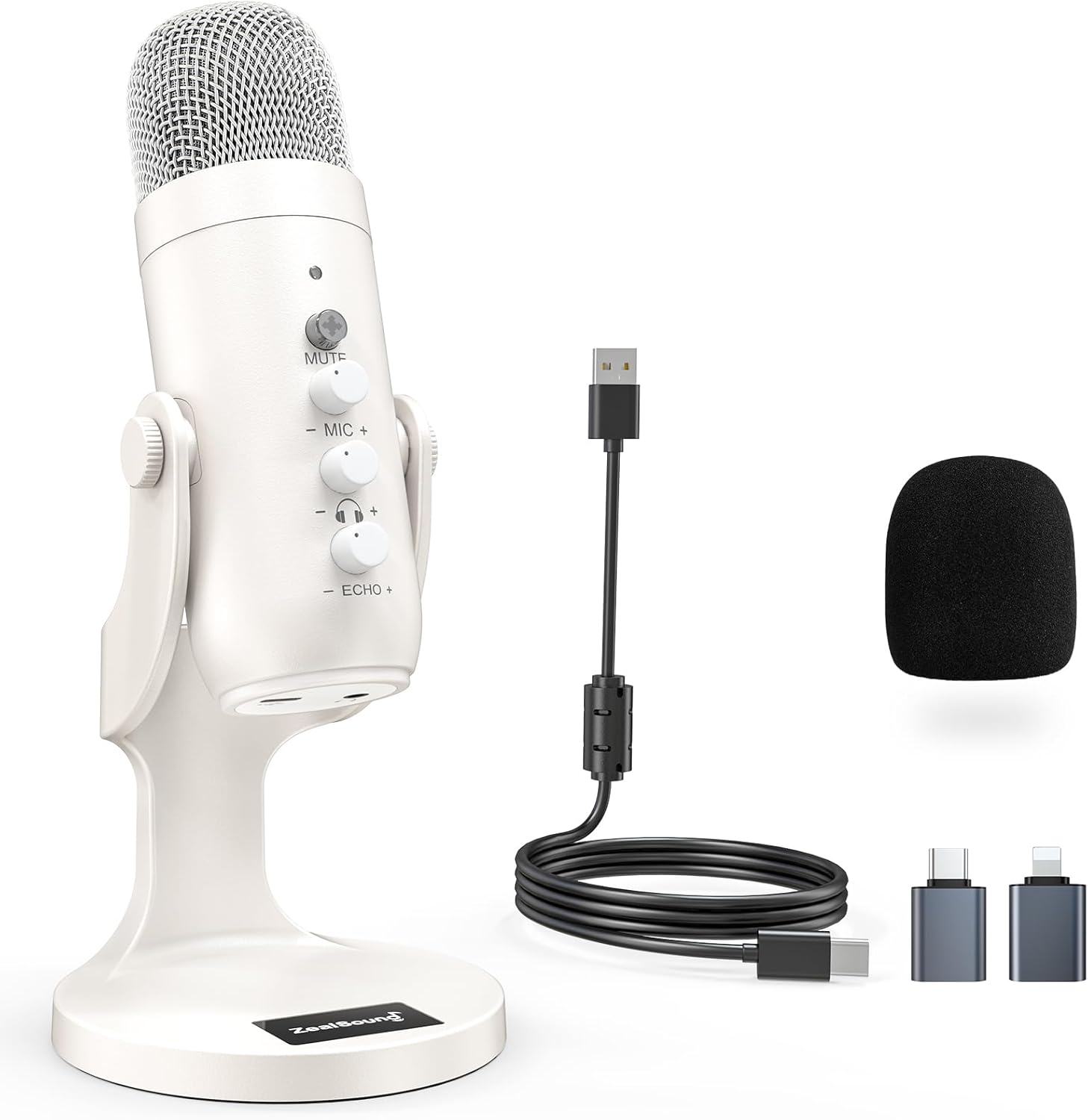 Zealsound USB Microphone,Quick Mute Noise Cancel for Phone Computer PC Ps5,Gaming Microphone with Gain Control,Echo Monitor Volume Adjust for Streaming Vocal Recording ASMR Podcast Video K66 White