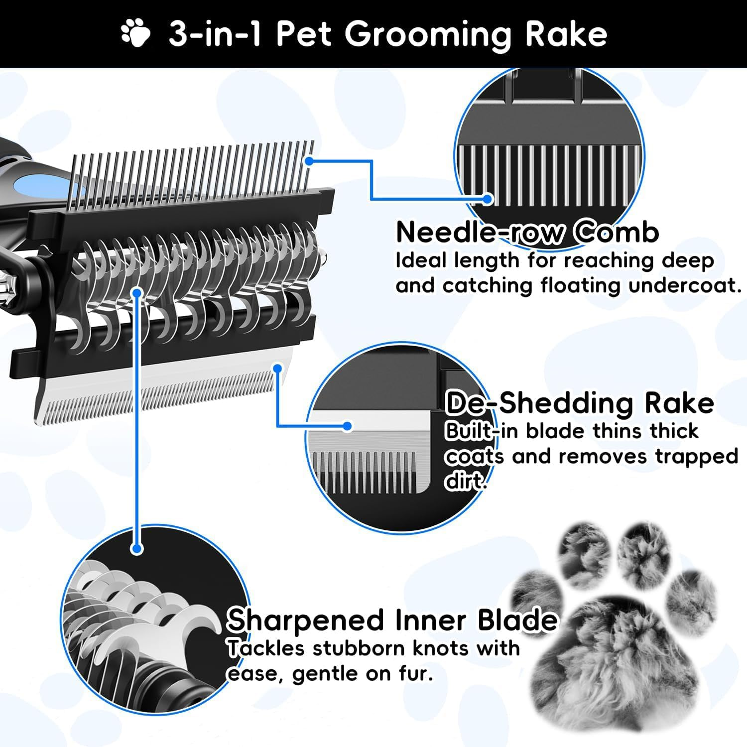 Dog Grooming Brush,3-In-1 Pet Deshedding Tool&ndash;Grooming Brush for Dogs & Cats with Undercoat Rake & Dematting Comb (Blue) image number 4