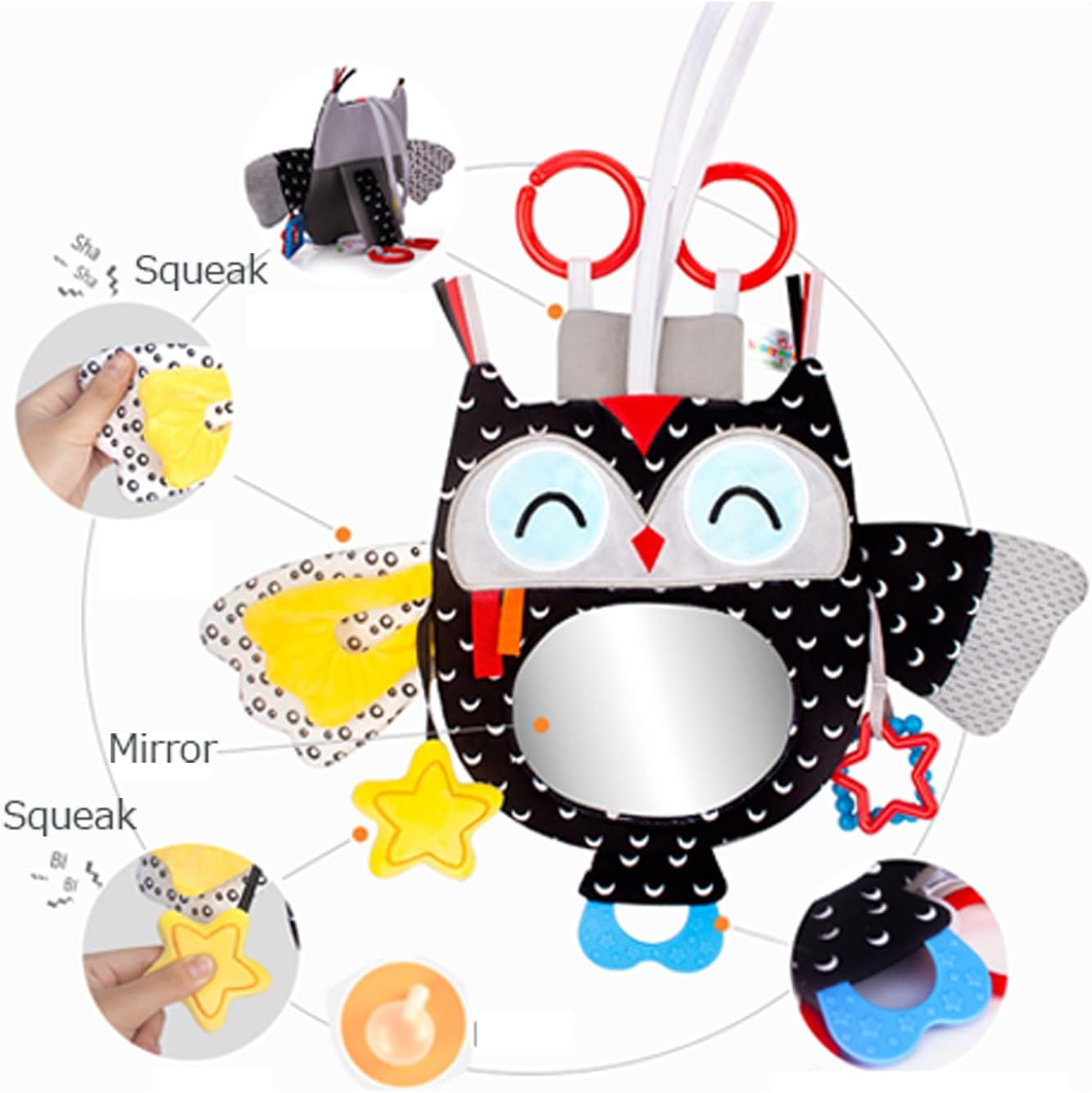Baby Activity Hanging Toy with In-Sight Car Mirror, Adjustable for Car Seats, Strollers, Cribs, and Tummy Time, with Rattles, Crinkle Sounds, and Animal Design (Owl) image number 5