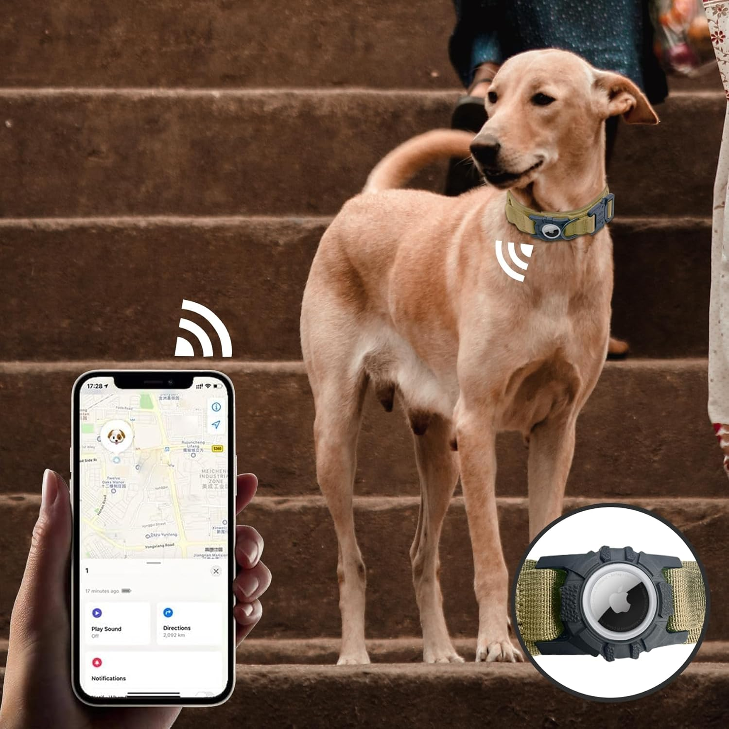 For Airtag Dog Collar - Tactical, Heavy Duty, Adjustable GPS Dog Collar Compatible with Airtag, with Holder & Control Handle for Medium/Large Dogs, Double Locking Metal Carabiner [Brown,