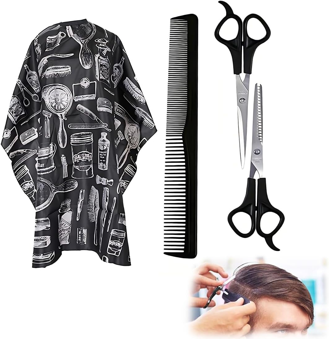 LAKJUOZ Cape Hairdresser Set 4 Pieces with Hair Scissors and Comb, Professional Hairdressing Gown Hairdressing Gown Salon Hairdresser Capes Taffeta image number 1