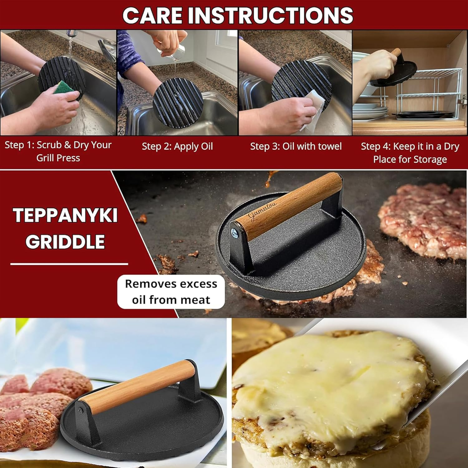 Ultimate Smash Burger Press Kit &ndash; Heavy Duty Cast Iron Press, Spatula, Seasoning Shaker & 100 Patty Papers &ndash; Grill like a Pro on Flat Top or Outdoor BBQ image number 2