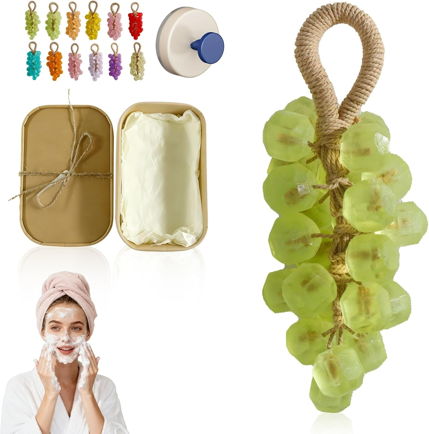 Grape Soap on a Rope, Handmade Crystal Grape Soap Gentle Cleansing, for Body, Hand＆Face Cleanser for Soft, Smooth Skin, Fresh Air(Greentea)
