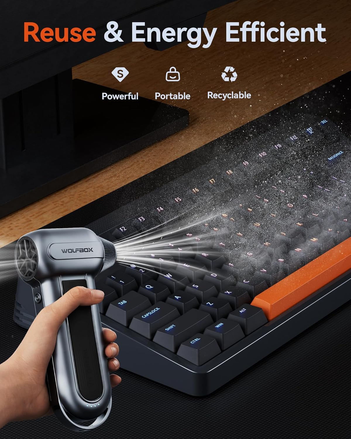 WOLFBOX MF100 Compressed Air Duster-150000Rpm Super Power Electric Air Duster, Rechargeable Long-Life Air Blower, Cordless 3-Gear Adjustable Mini Blower for Computer, Keyboard, Outdoors, Snow and Car image number 5