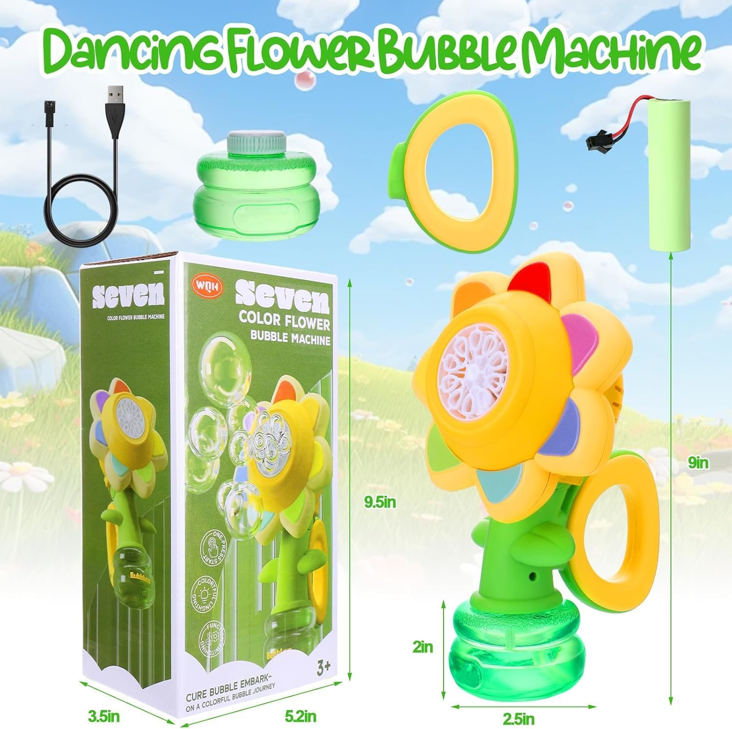 Bubble Machine for Kids,7 Color Sunflower Rechargeable Bubble Blower with Lights for Kids Ages 4-8,Toddlers 3 and up Automatic Bubble Maker for Bathtub Bath,Summer Outdoor Toys image number 1