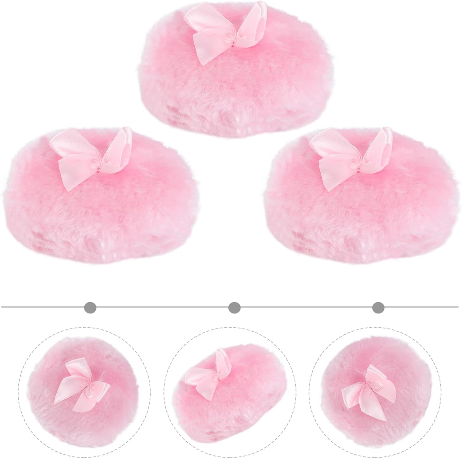 GRADENEVE 3PC Powder Puff Long Hair Soft Talcum Prickly Heat Puff with Plush Bowknot Design for Adult Use Pink image number 3