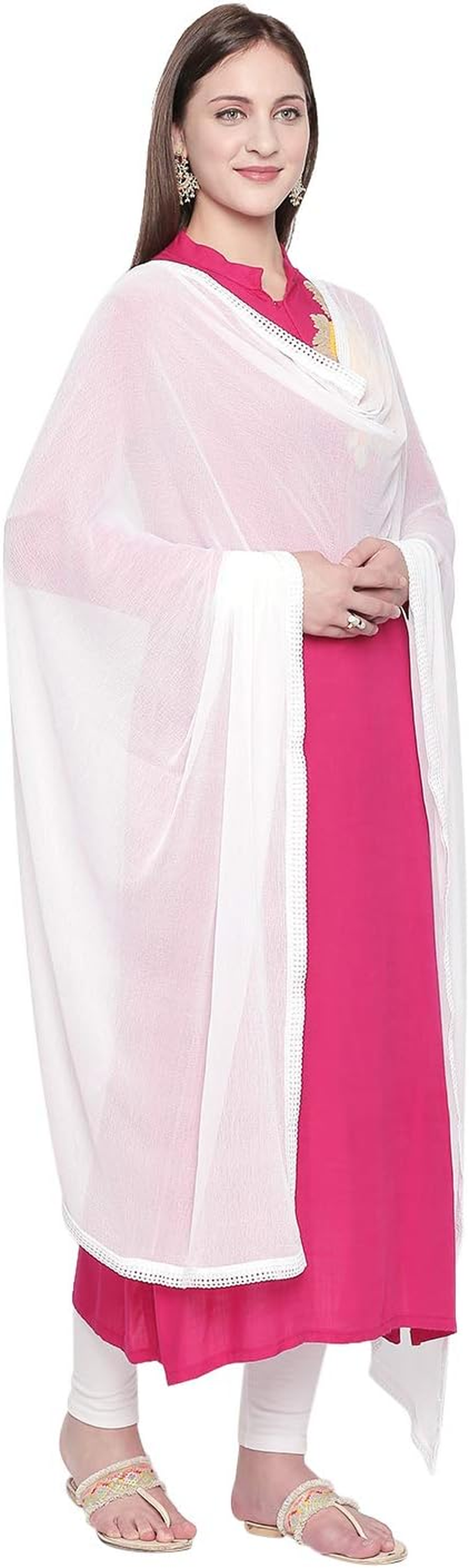 DUPATTA BAZAAR Woman'S Plain Chiffon Dupatta with Border Lace - White image number 3