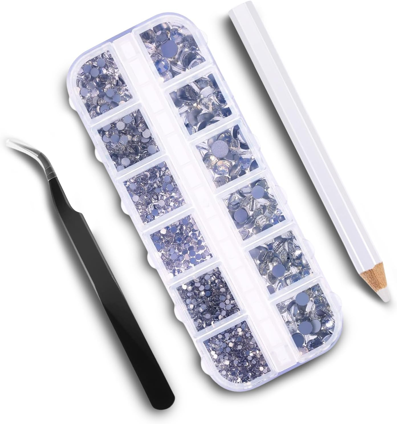 Hrenvaxil Rhinestones, Nail Gems - 2000 Pieces Flat Back round Crystal Bedazzling Kit with 6 Sizes (1.5-6 Mm), Tweezers and Picking Pen for Crafts, Nail, Face Art, Clothes, Shoes, Bags DIY (White)