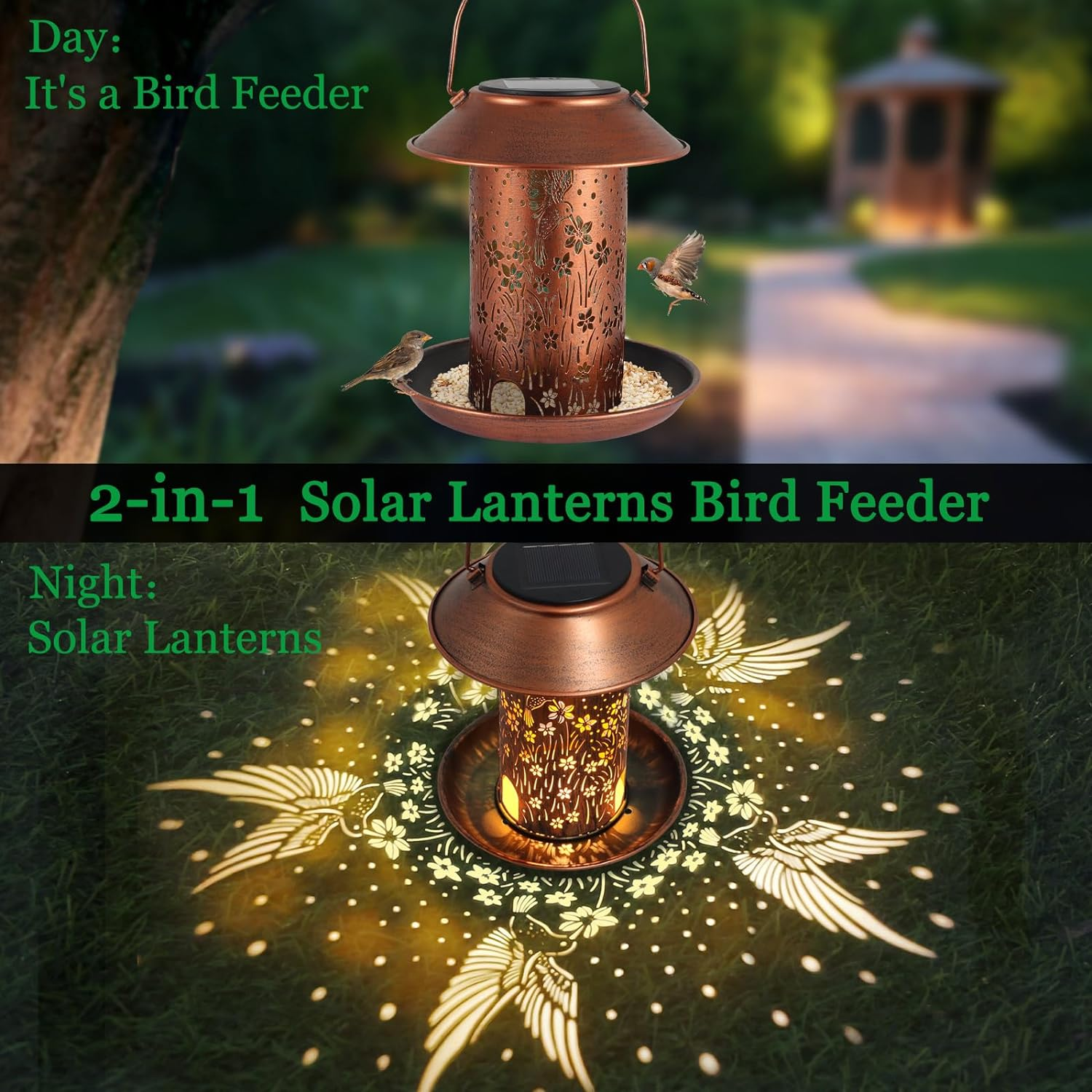 Solar Bird Feeder for Outdoor Hanging Garden Lantern Metal Waterproof Wild Birdfeeder for Cardinals Metal Decor Lanterns as Gifts for Mom Grandma Women（ Hummingbirds Pattern - 07-Golden image number 6