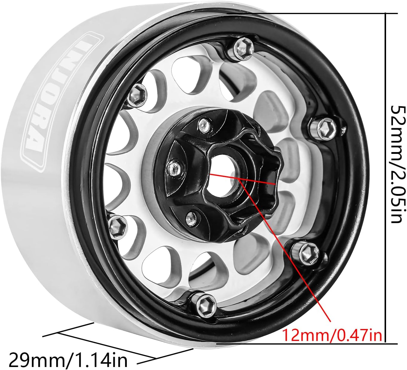 INJORA 1.9 Beadlock Wheel Deep Dish Negative Offset 10.4Mm Wheel Rim for 1/10 RC Crawler Auto Axial SCX10 90046 AXI03007 TRX4 VS4-10 Gen8 MST Cfx(Black＆Sliver) - Black image number 4