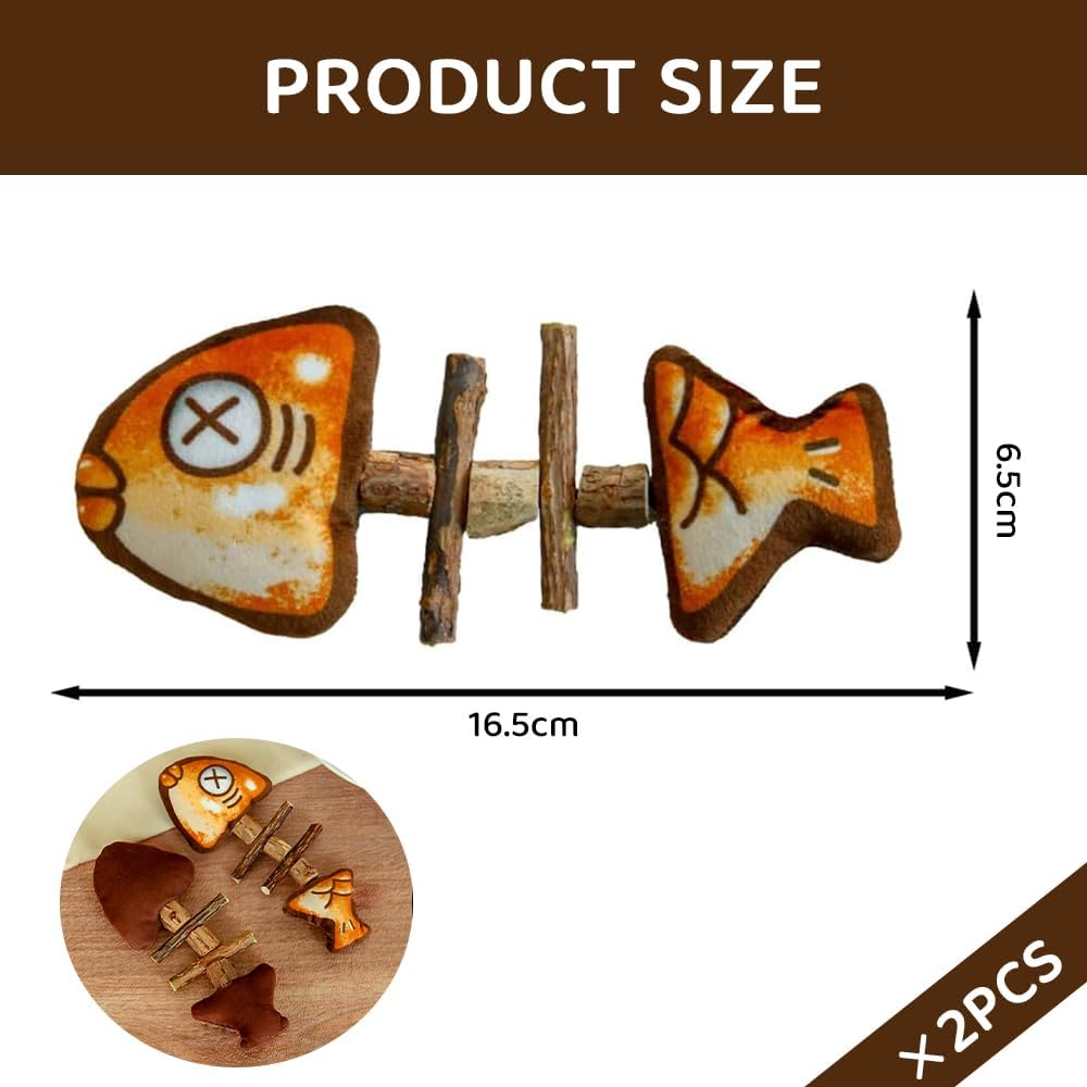 JIUSEGE 2 Pcs Grilled Fishbone Cat Toys &ndash; Bite-Resistant Simulated Fish Chew Toys &ndash; Interactive Plush Teething Toys for Kittens & Cats &ndash; Wooden Fish Shape Design image number 4