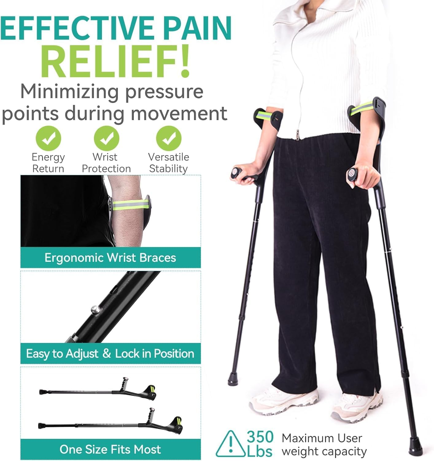 Forearm Crutches Upgraded Heightened (1 Pair), Aluminium Elbow Crutches, Forearm Crutches for Adults, Arm Crutches for Walking, 10-Level Adjustable Height, Lightweight, Anti-Dorp Cuff,Non-Slip image number 5