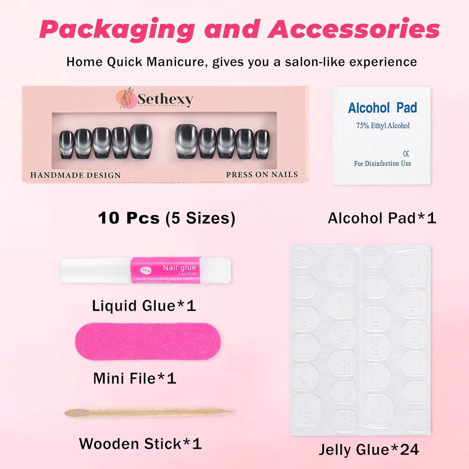 Sethexy French Black Medium Coffin Artificial Nail Cat Eye Sparkle Handmade False Nails Natural Shiny Press on Nails Salon Quality for Women and Girls (I) image number 3