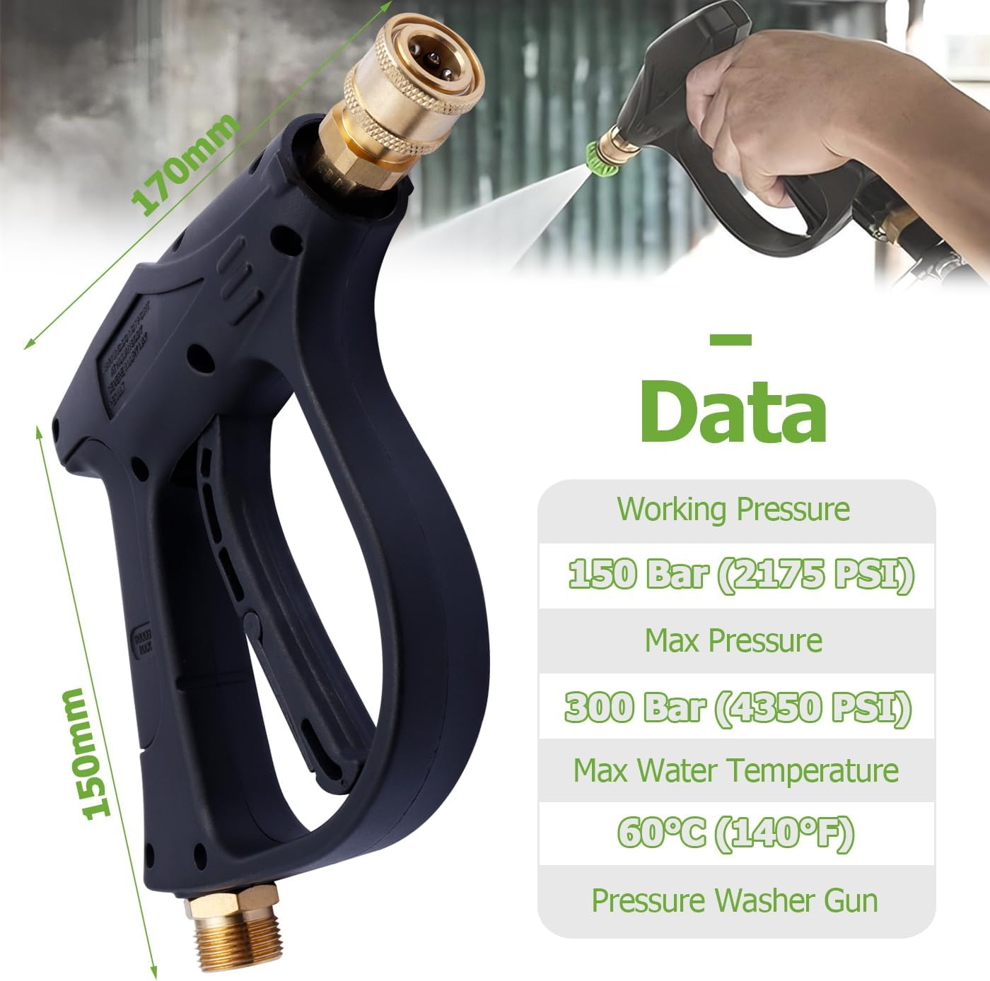 Bestgle Pressure Washer Gun, High Pressure Water Gun Kit Quick Release Car Washer Spray Gun Power Washer Short Gun with 1/4 Inch Quick Connector and M22 14Mm Hose Connector, 4350 PSI image number 2