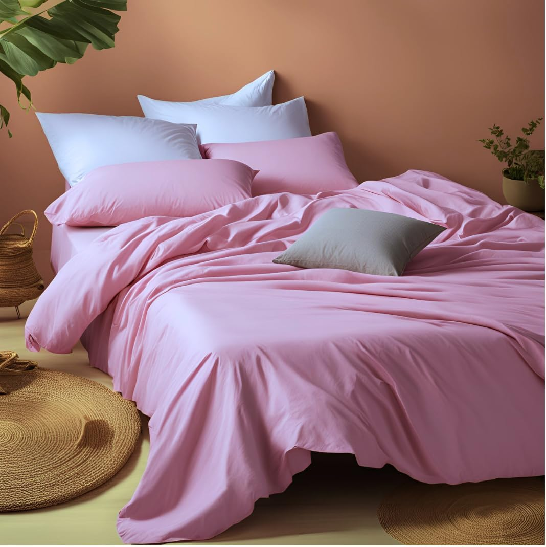 100% Cotton Bed Sheet Set &ndash; Includes Flat Sheet, Deep Fitted Sheet & 2 Pillowcases &ndash; Soft, Breathable & Natural Bedding &ndash; Queen/King Size &ndash; All Season, Machine Washable (Pink Lavender, King) image number 7